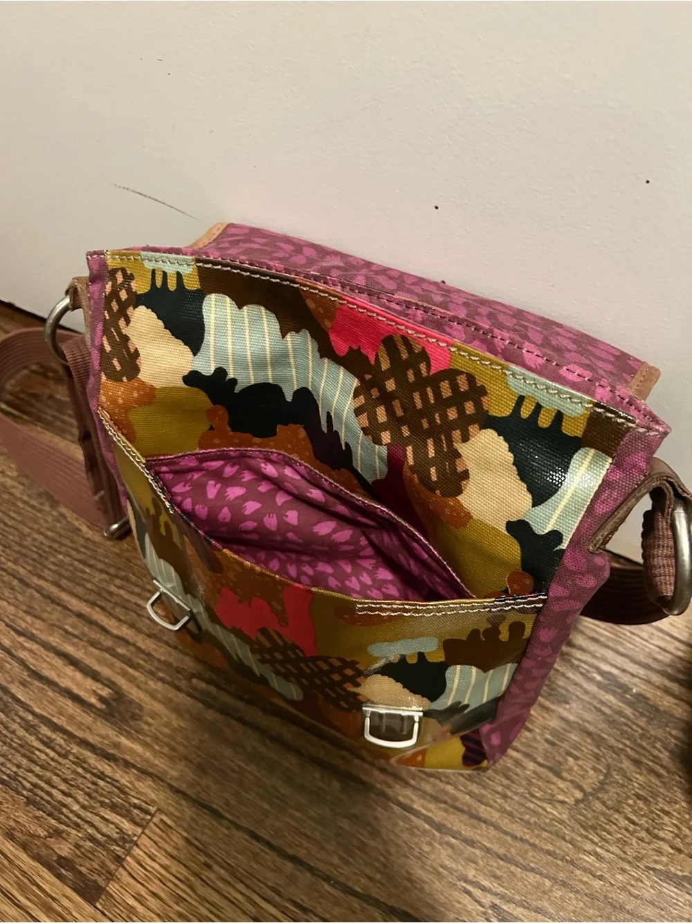 Fossil Multicolor Canvas and Brown Leather Trim Crossbody Messenger Bag